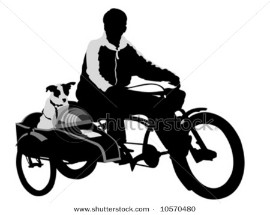 Man riding a bike with his dog in pet trailer 