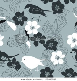 Seamless retro floral pattern swatch with birds and leaves; vector format.
