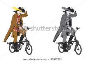 Man dressed for costume party riding bicycle
