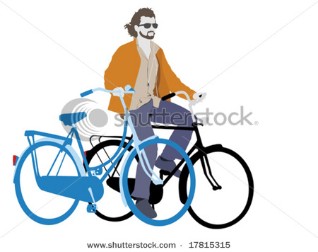 Young man with two bicycles and headphones; vector format