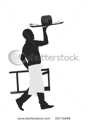 Waiter carrying platter with mussel dish.